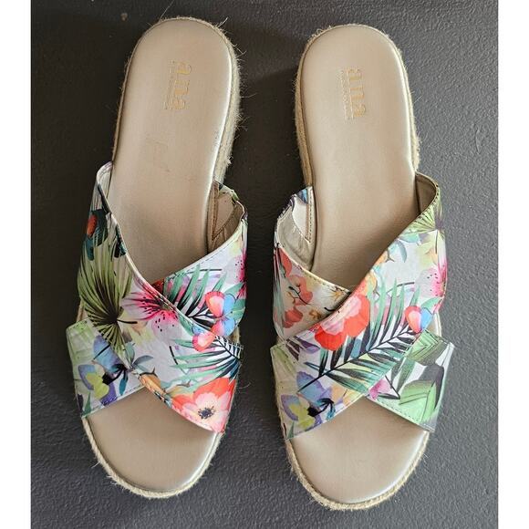 ANA Shoes - ANA Erin Sandals Women's Open Toe Floral Wedge Jute Slip On, Sz 11